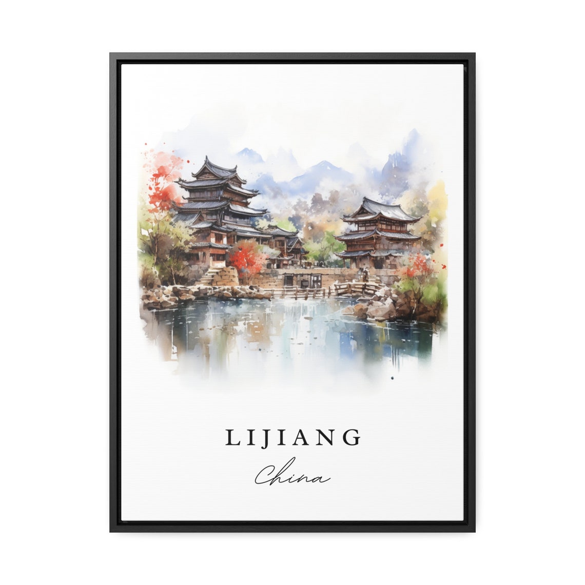Lijiang China Old Town Watercolor Art Serene Lakeside Pagodas Poster - Image 3