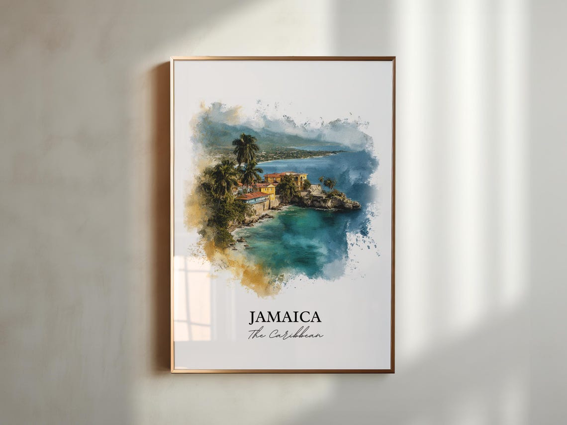 Jamaica Caribbean Tropical Coastline Cliffside Watercolor Poster - Image 3