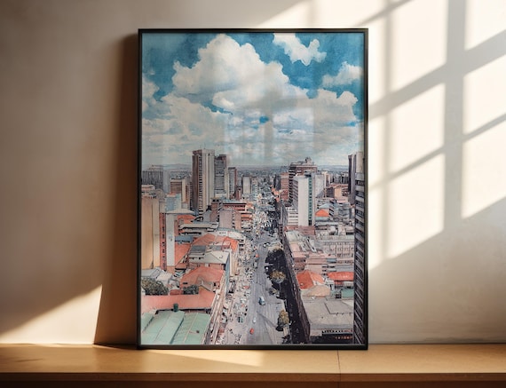 City Avenue Watercolor Busy Street Tall Buildings Scene Poster
