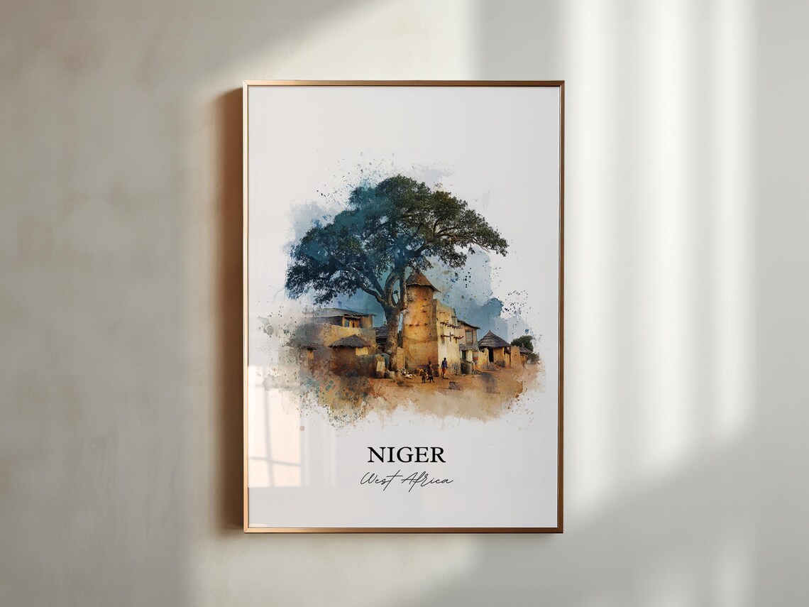 Niger West Africa Desert Village Baobab Shade Watercolor Poster - Image 5
