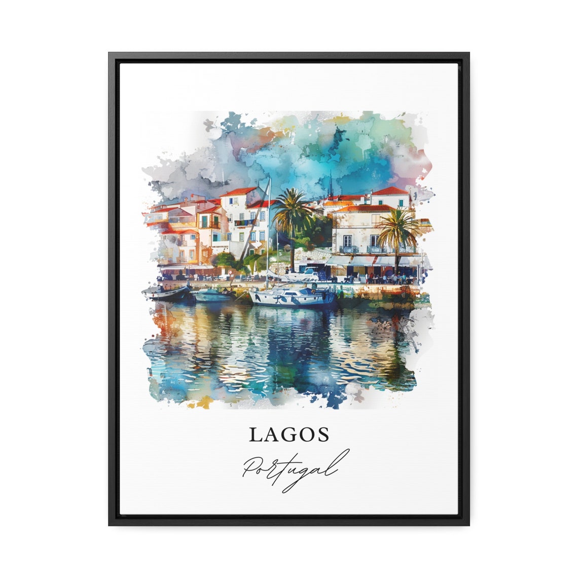 Lagos Portugal Algarve Marina Palm Harbor Watercolor Town Poster - Image 3