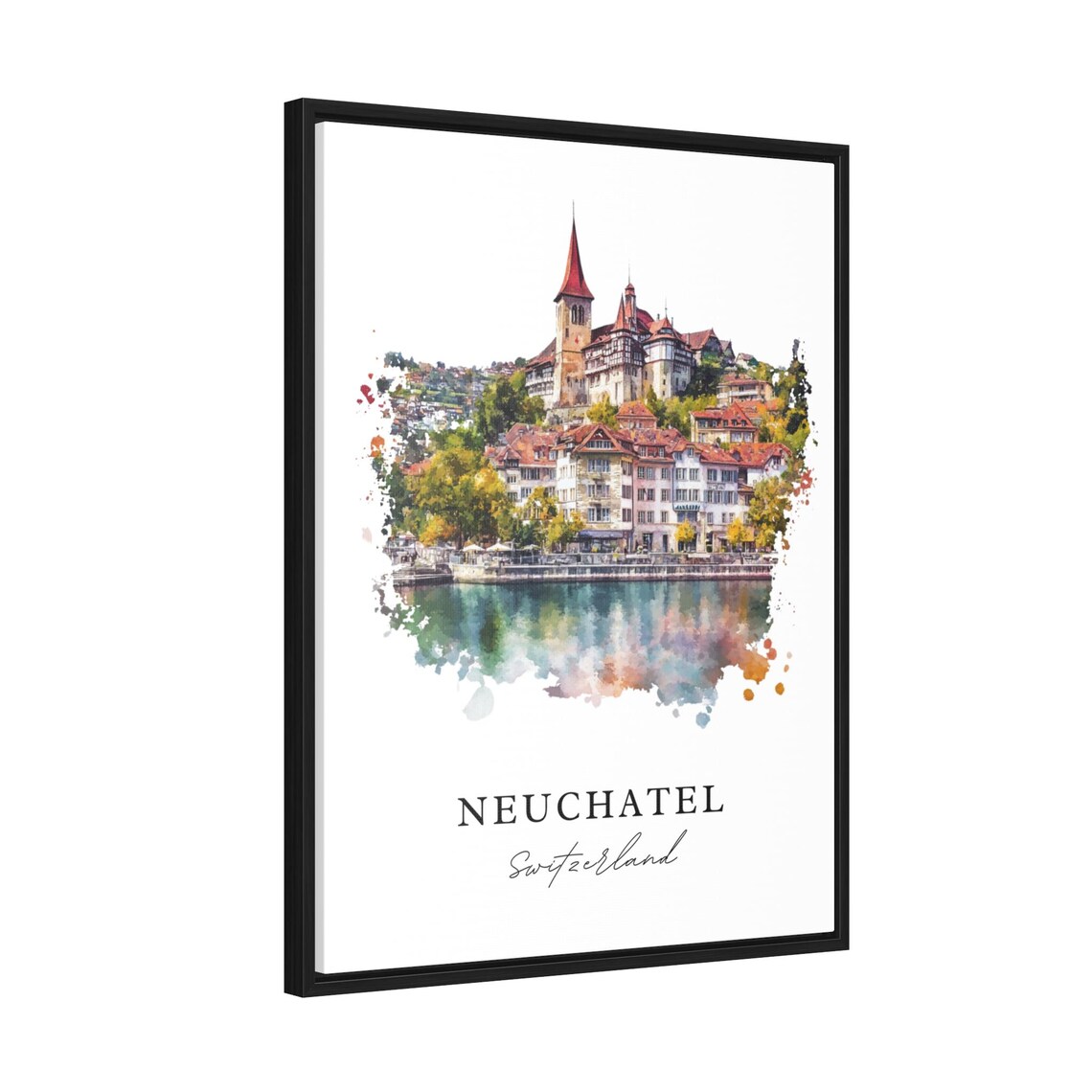 Neuchatel Switzerland Lake Town Castle Watercolor Travel Poster - Image 2