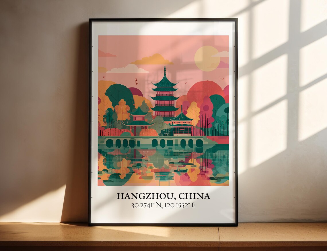 Hangzhou China Colorful Pagoda Lake Sunset Reflection Travel Poster