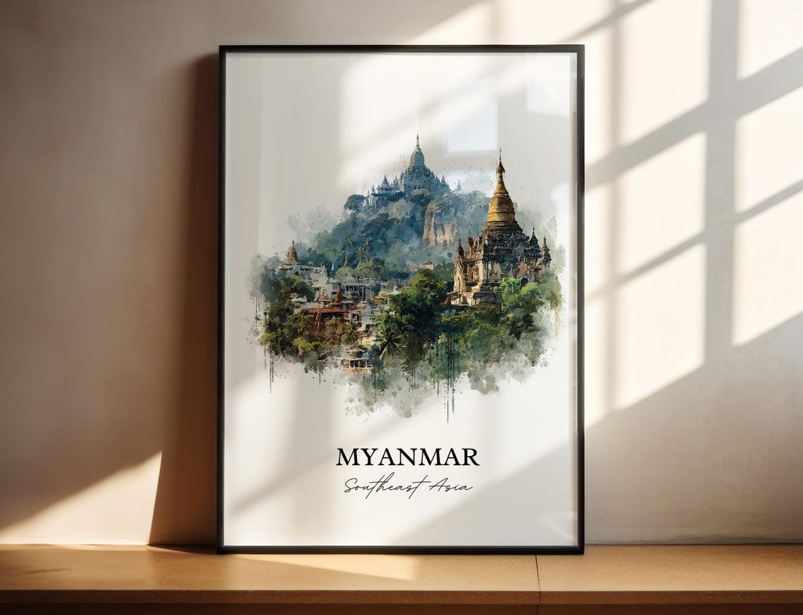 Myanmar Southeast Asia Ancient Temples Jungle Watercolor Travel Poster