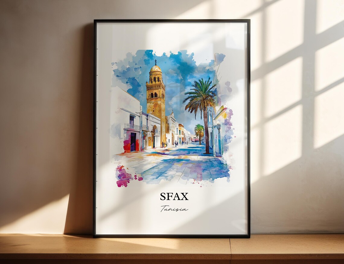 Sfax Tunisia Sunny Old Medina Street Watercolor Travel Art Poster