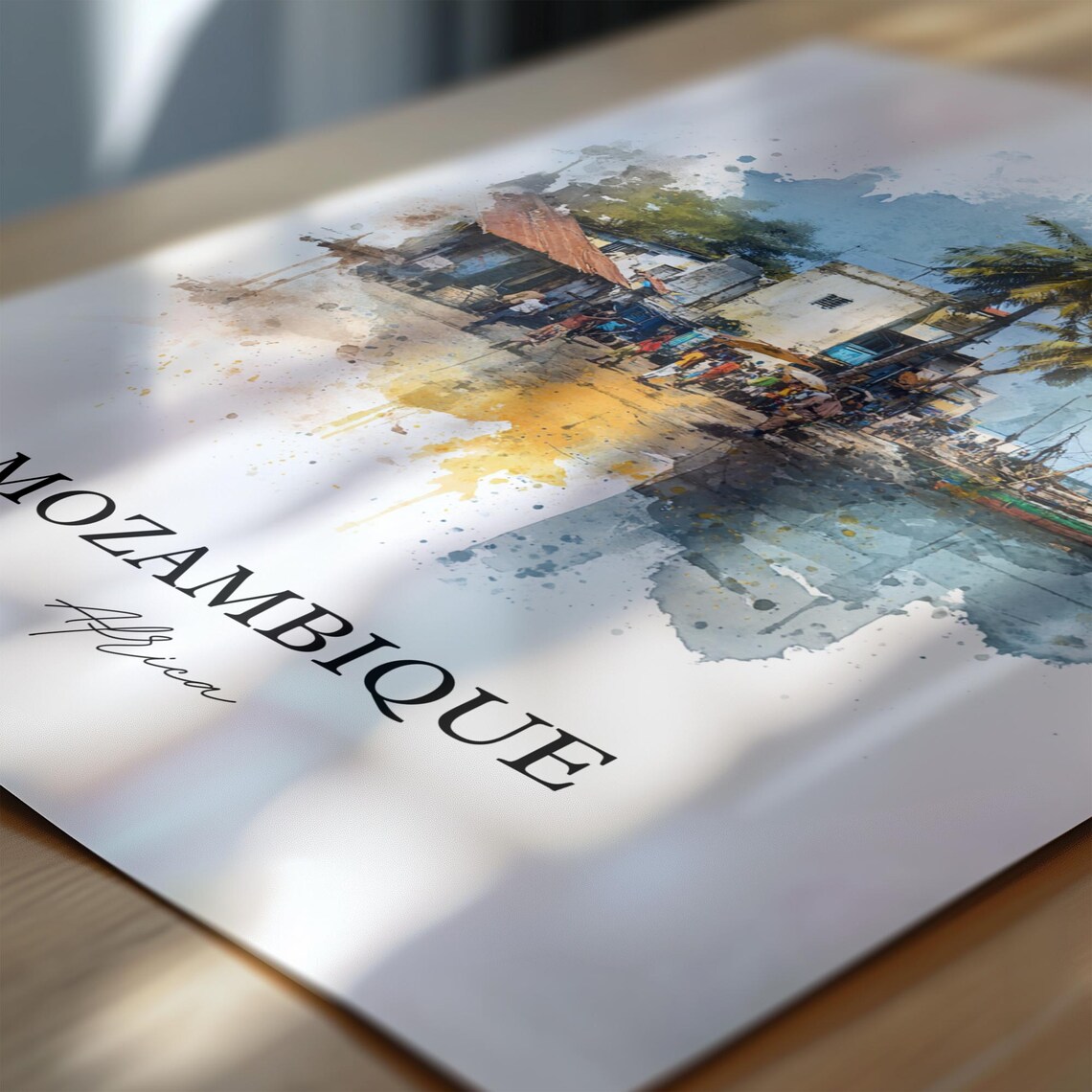 Mozambique Africa Palm Fishing Harbor Village Watercolor Poster - Image 6