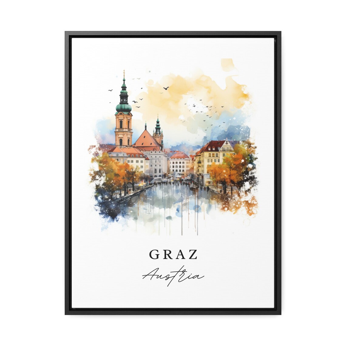 Graz Austria Autumn River Old Town Churches Watercolor Travel Poster - Image 2