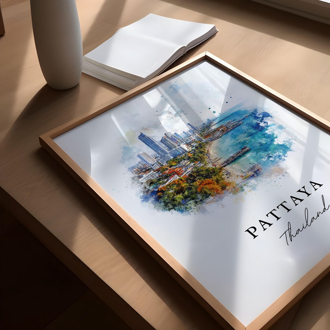 Pattaya Thailand Watercolor Beach Coast City Skyline Travel Poster - Image 5