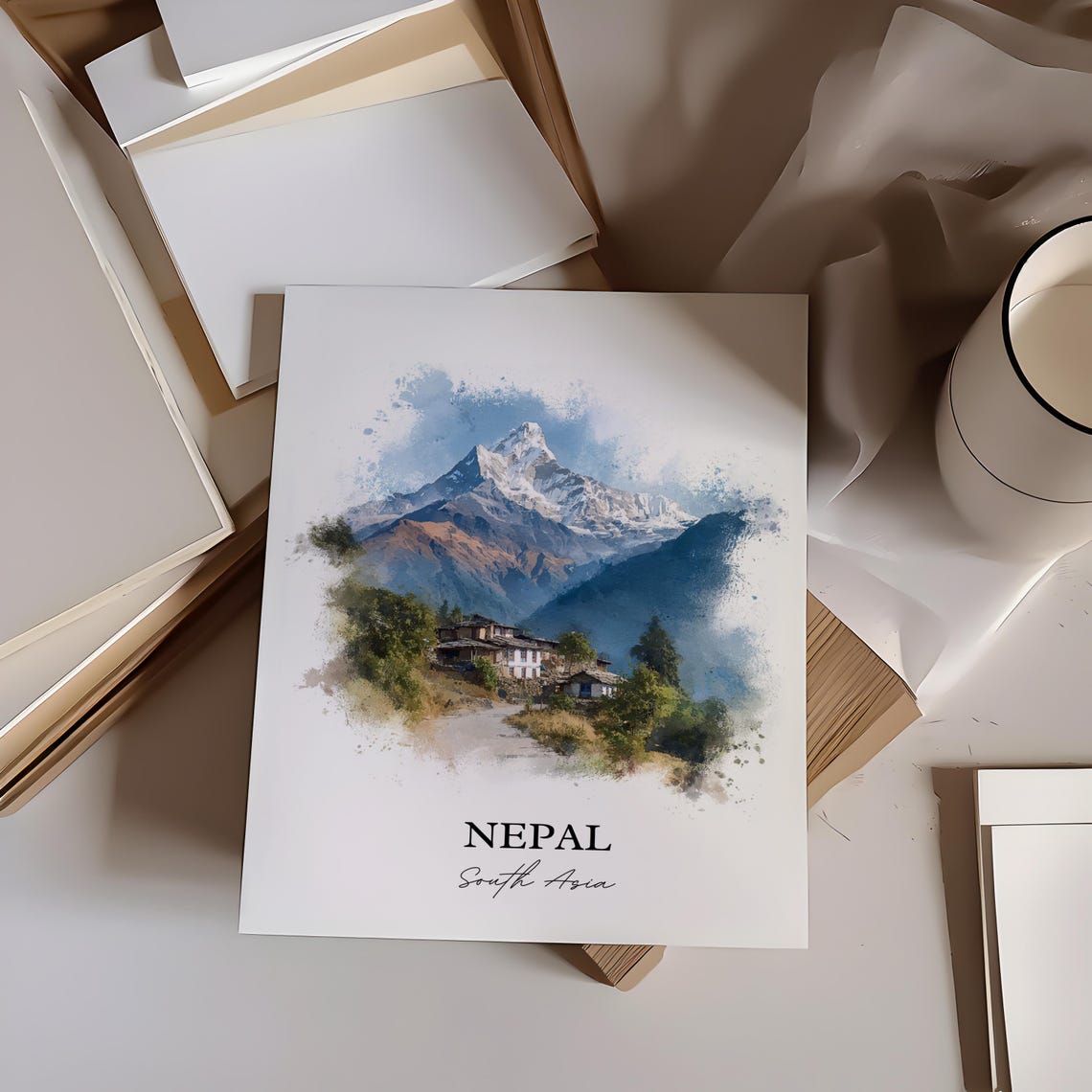 Nepal South Asia Himalayan Peak Mountain Village Watercolor Poster - Image 3