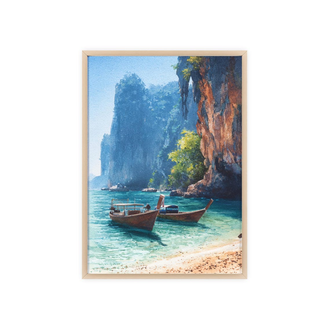 Tropical Cove Longtail Boats Limestone Cliffs Beach Watercolor Poster