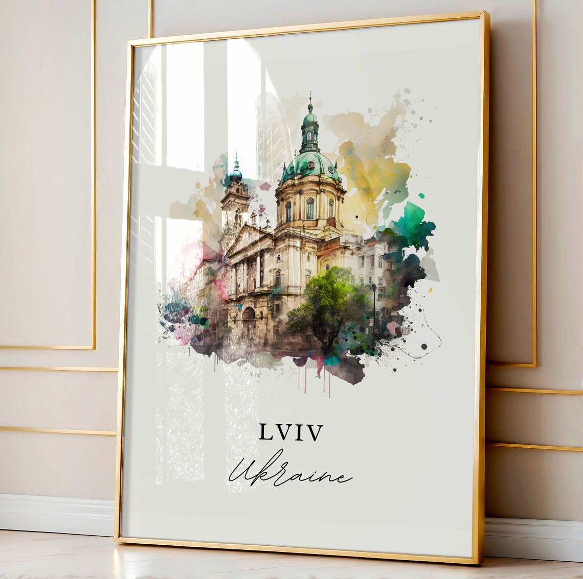 Lviv Ukraine Green Domed Cathedral Watercolor Art Travel Poster - Image 4