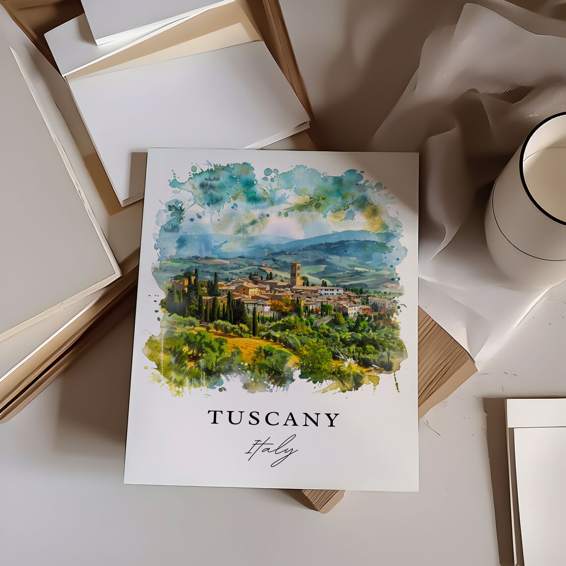 Tuscany Italy Cypress Hills Village Watercolor Travel Poster - Image 6