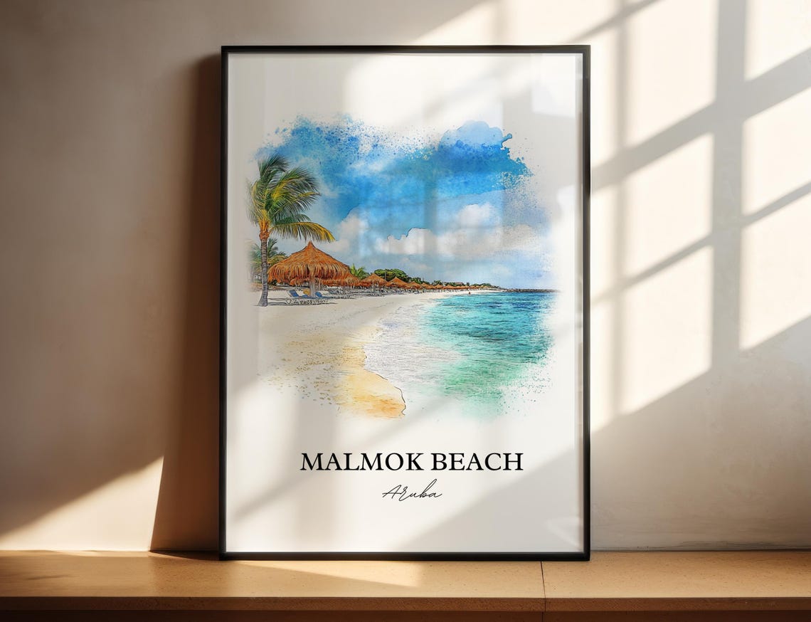 Malmok Beach Aruba Watercolor Palapa Shore Palm Trees Poster
