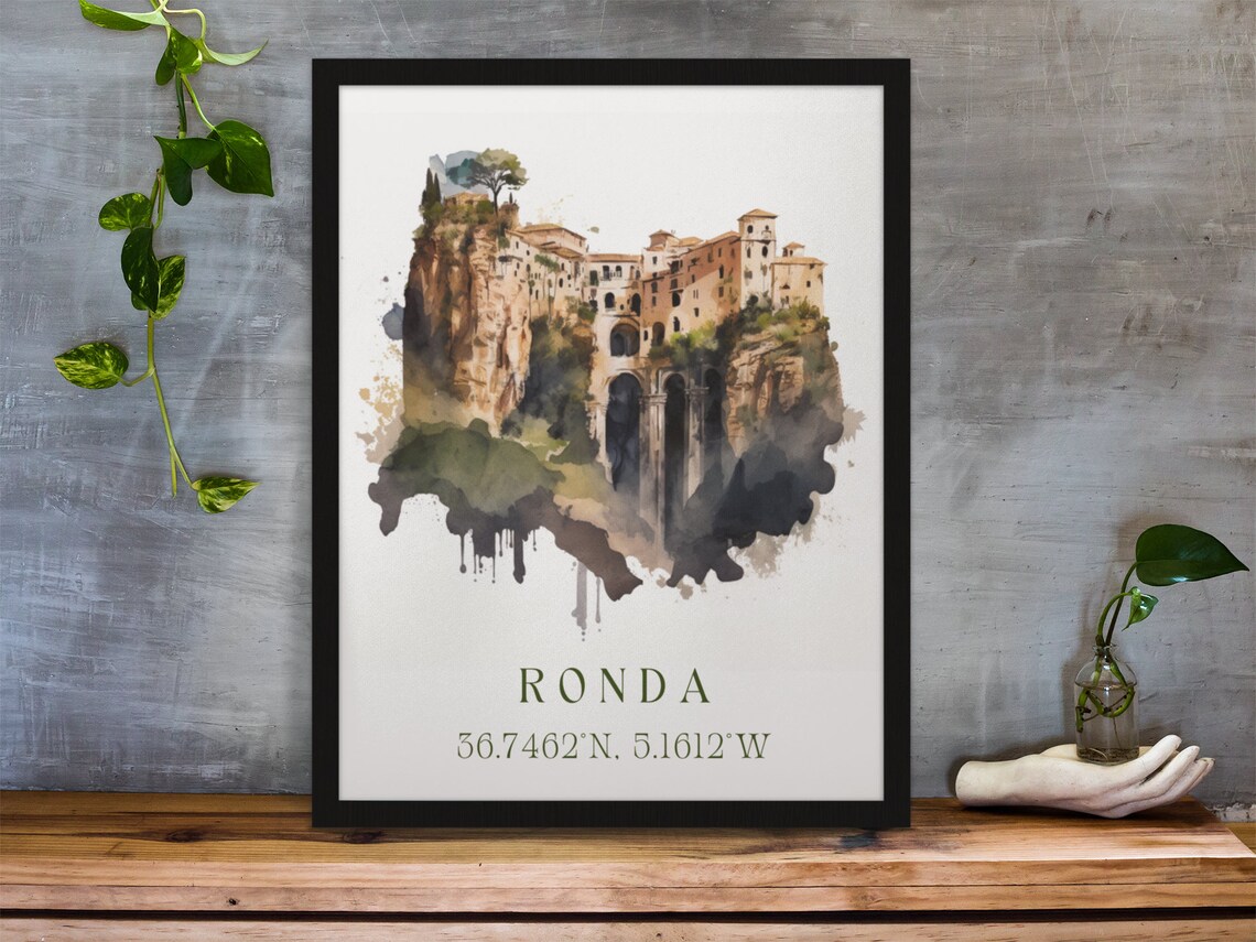 Ronda Spain Historic Cliff Bridge Town Watercolor Travel Poster