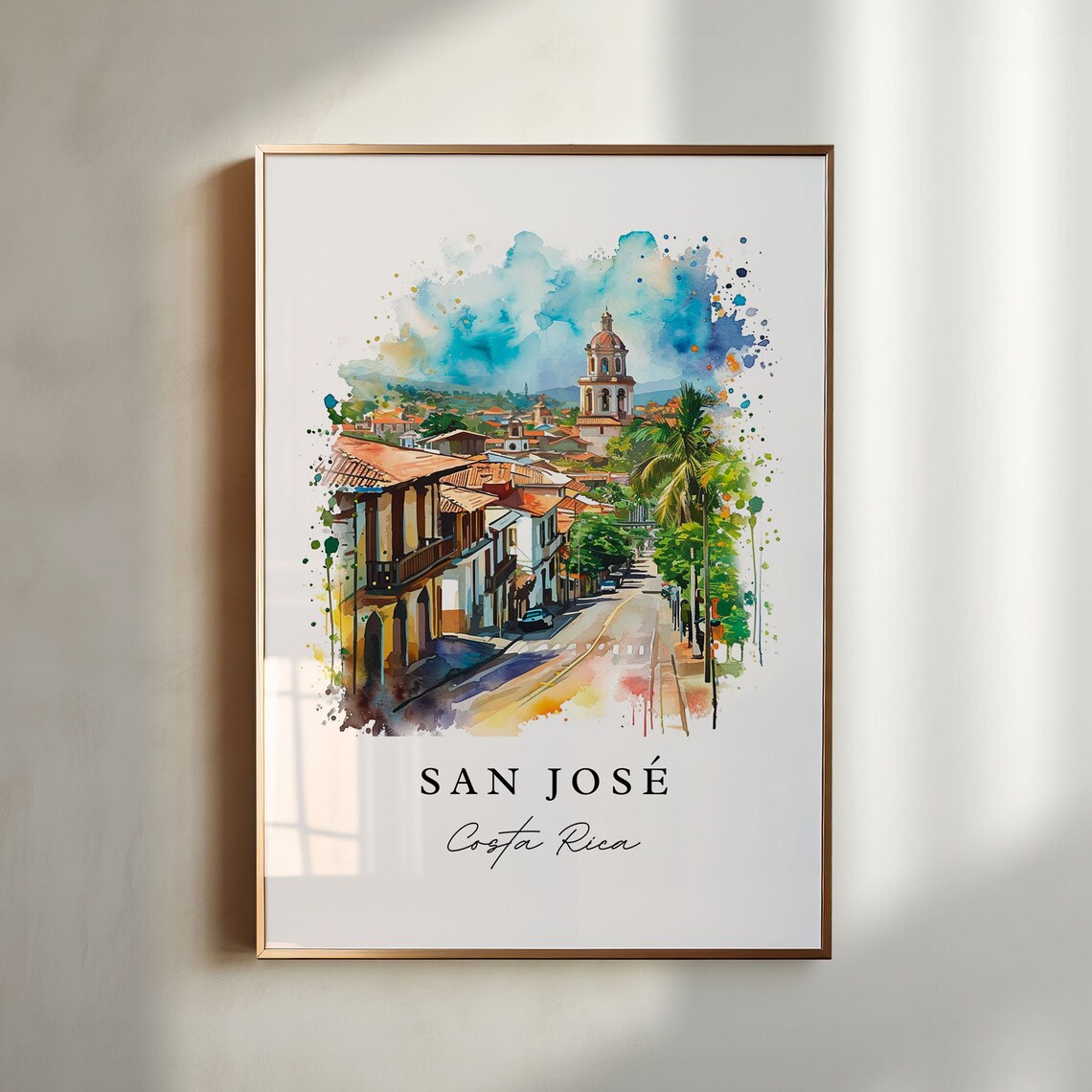 San Jose Costa Rica Watercolor Colonial Street Church Tower Poster