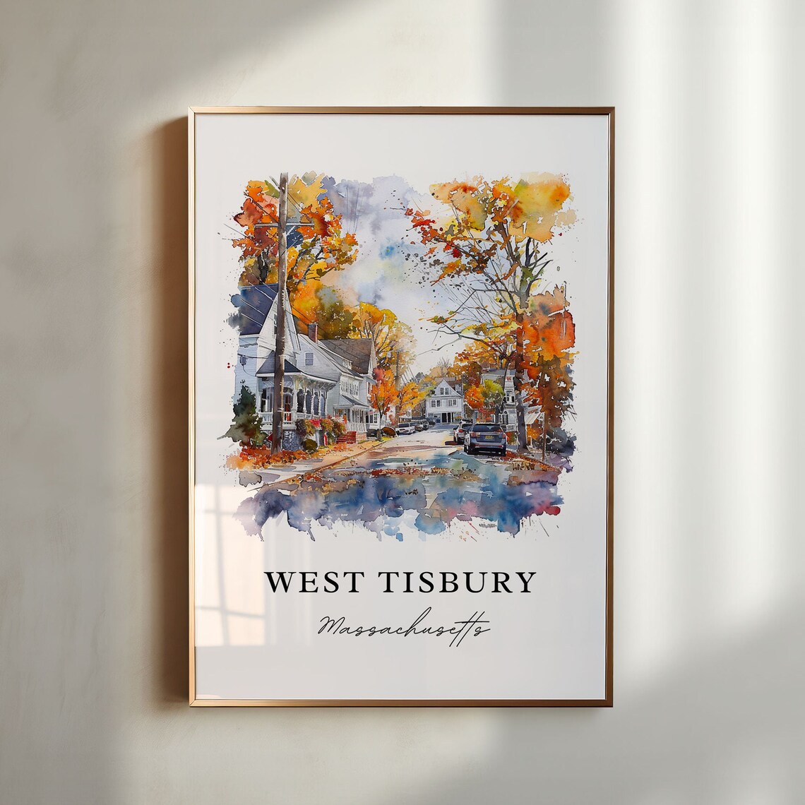 West Tisbury Massachusetts Watercolor Fall Street Scene Art Poster