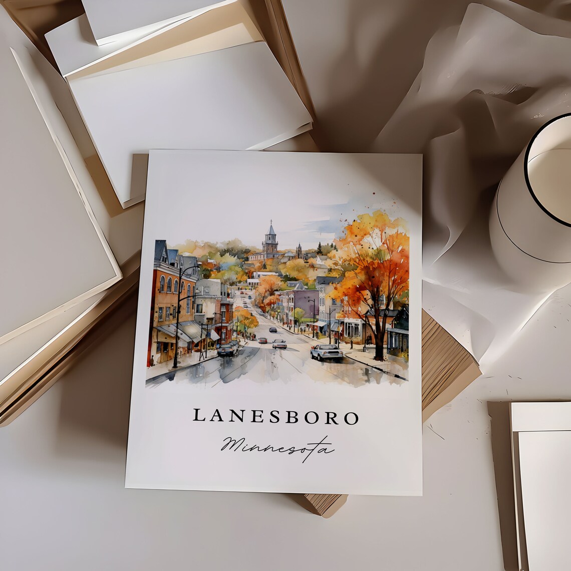Lanesboro Minnesota Watercolor Main Street Autumn Trees Church Poster - Image 6