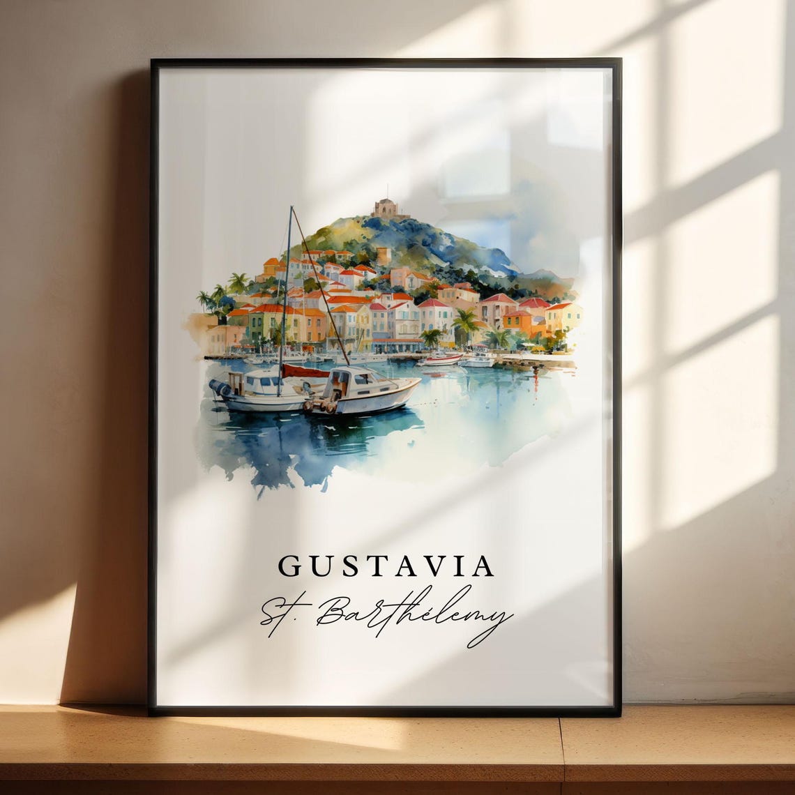 Gustavia St Barthelemy Harbor Watercolor Sailboat Scene Poster