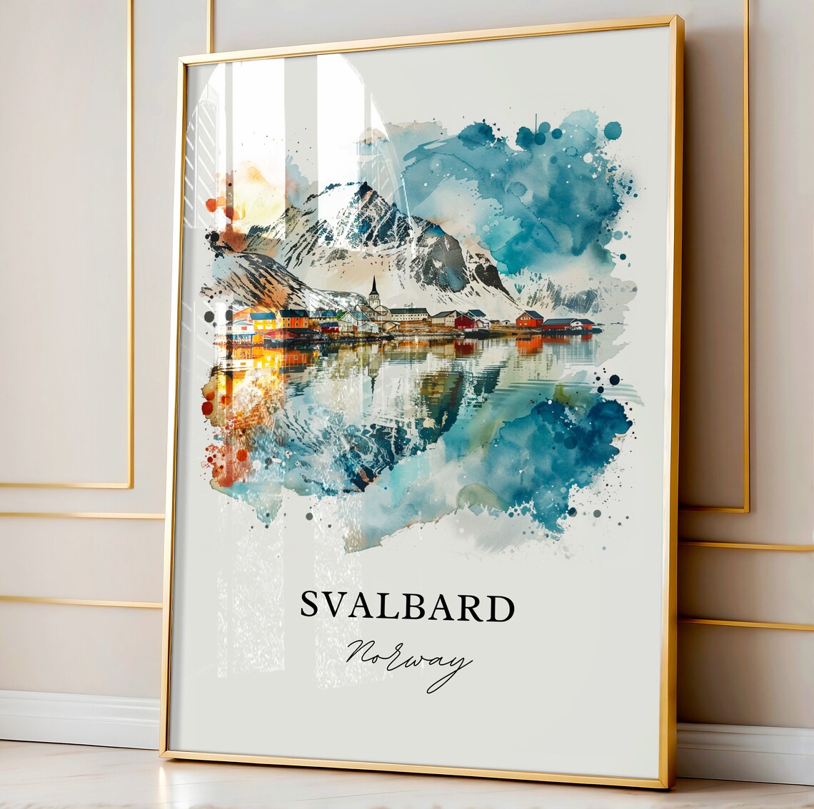 Svalbard Norway Watercolor Arctic Village Snowy Mountain Peak Poster - Image 4