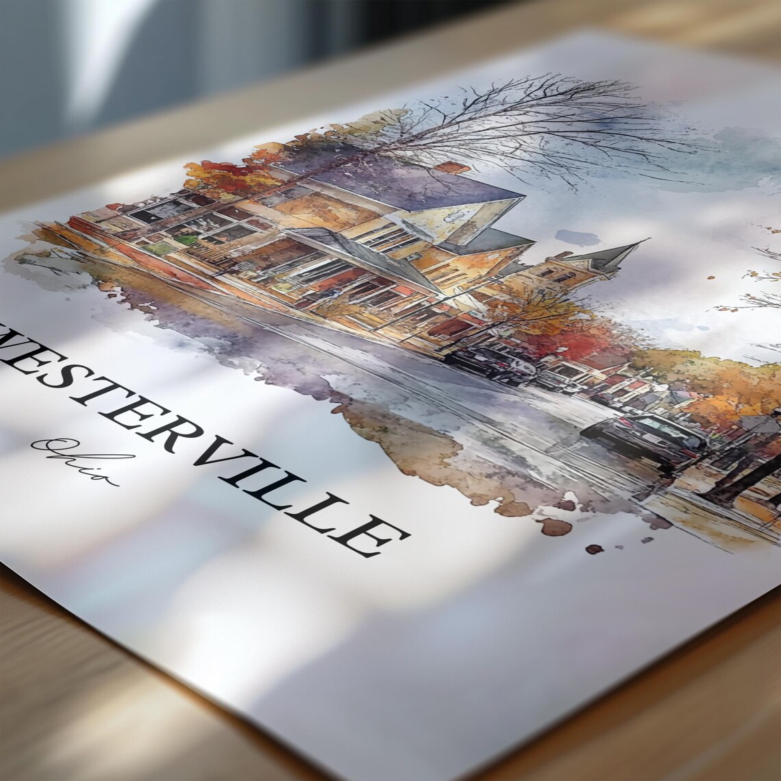 Westerville Ohio Watercolor Autumn Small Town Street Scene Poster - Image 6