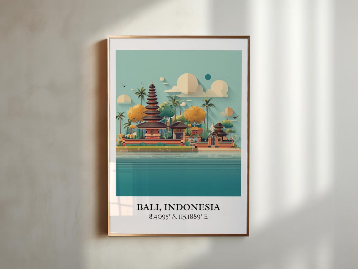 Bali Indonesia Lakeside Temple Pagoda Palms Retro Travel Art Poster - Image 3
