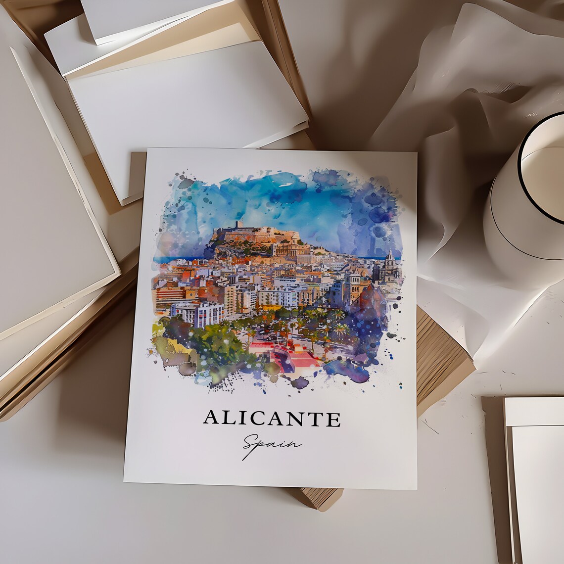 Alicante Spain Hilltop Castle City Panorama Watercolor Poster - Image 6
