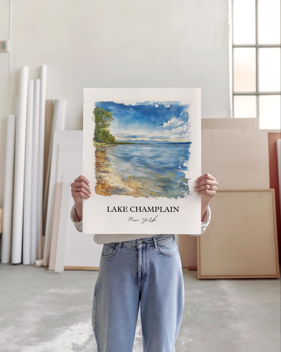 Lake Champlain New York Watercolor Calm Shoreline Scene Poster - Image 4