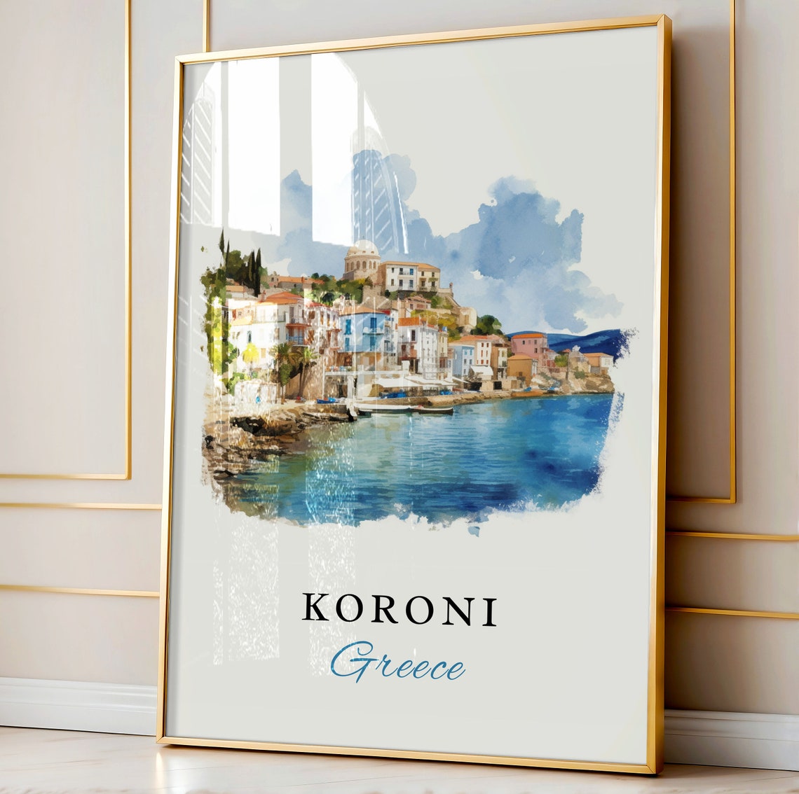 Koroni Greece Watercolor Coastal Town Sea View Travel Poster - Image 3