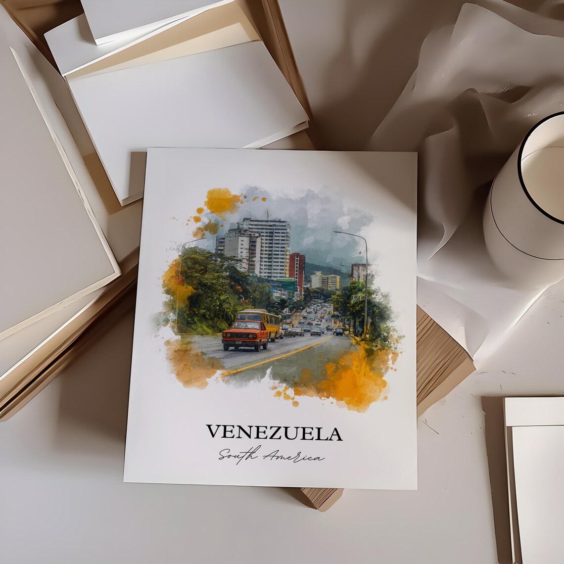 Venezuela South America Bustling City Avenue Watercolor Poster - Image 4