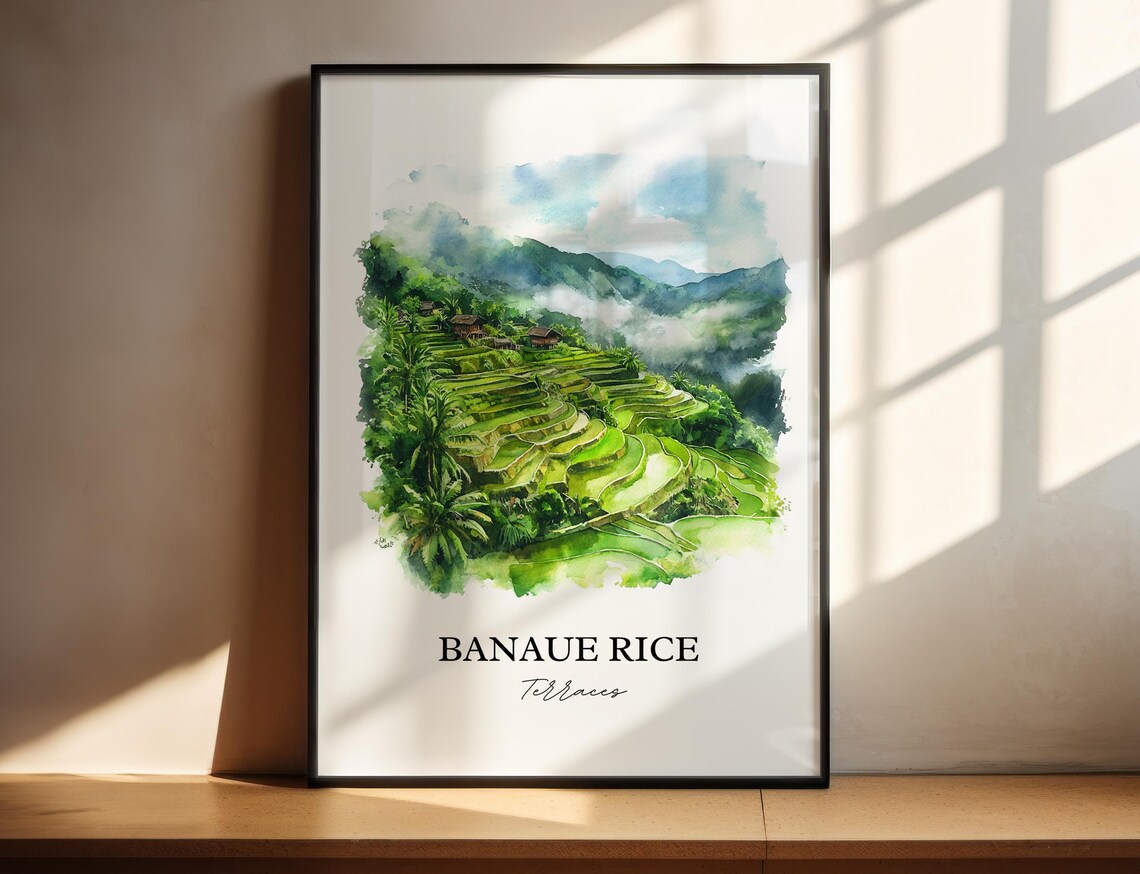Banaue Rice Terraces Philippines Emerald Watercolor Travel Poster