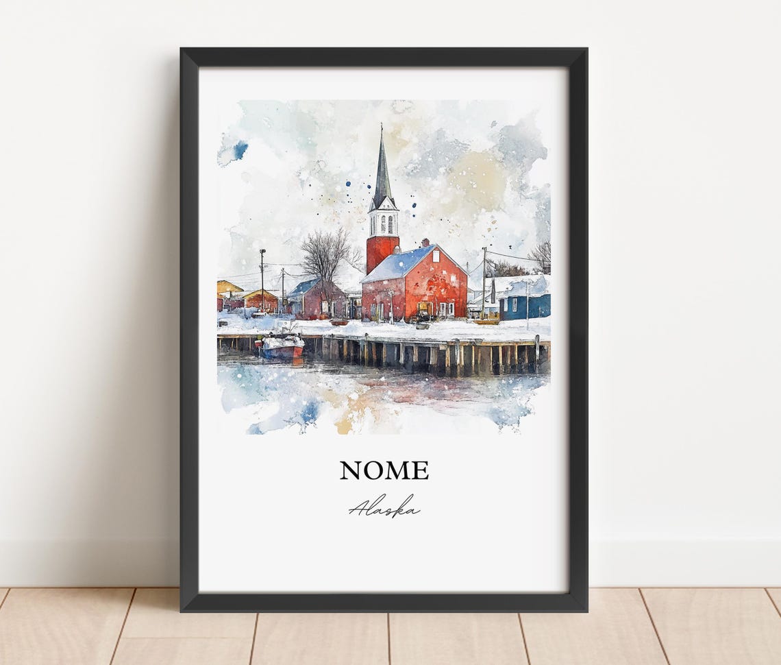 Nome Alaska Winter Harbor Red Church Snow Scene Watercolor Poster - Image 5