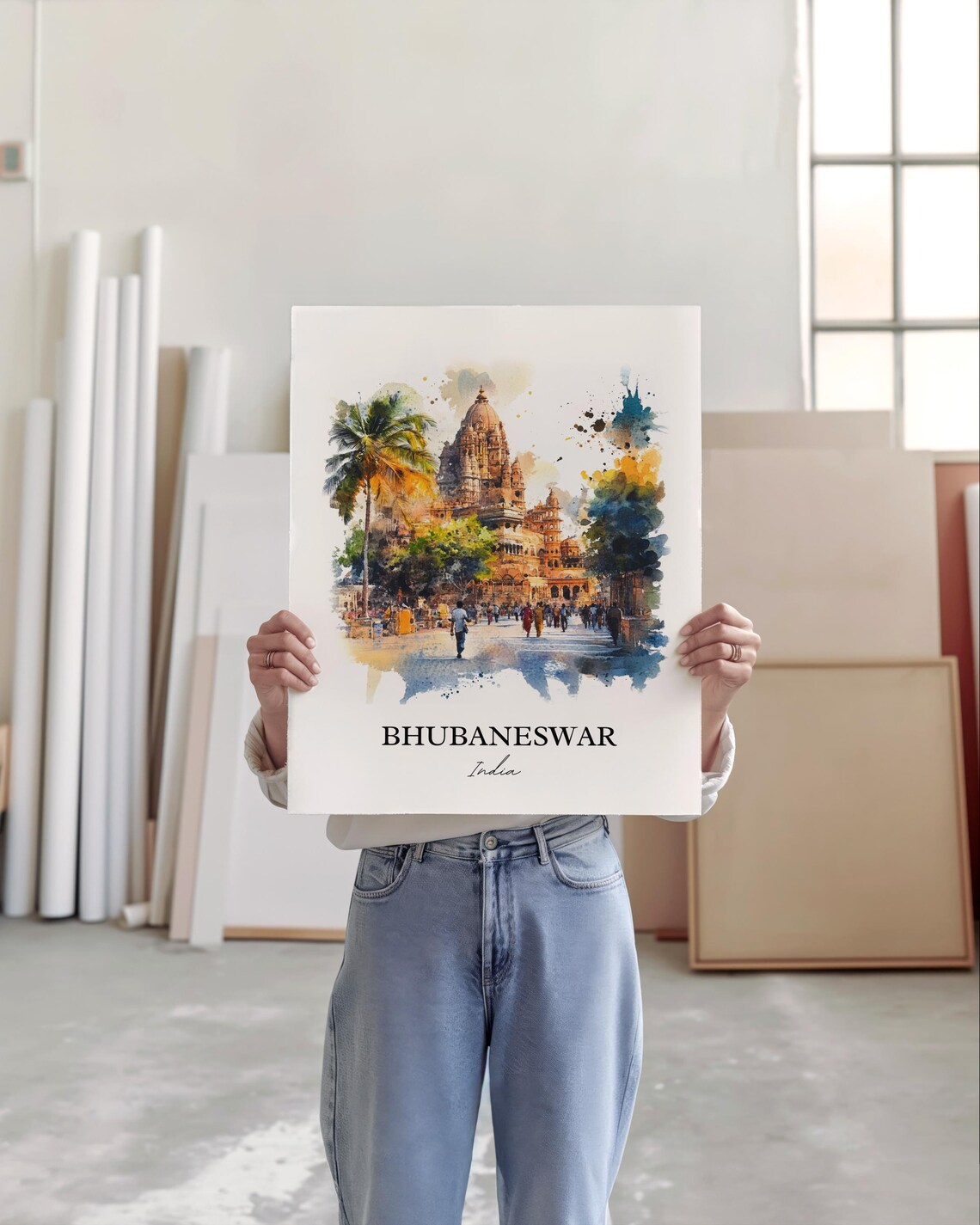 Bhubaneswar India Watercolor Ancient Temple Street Scene Poster - Image 5