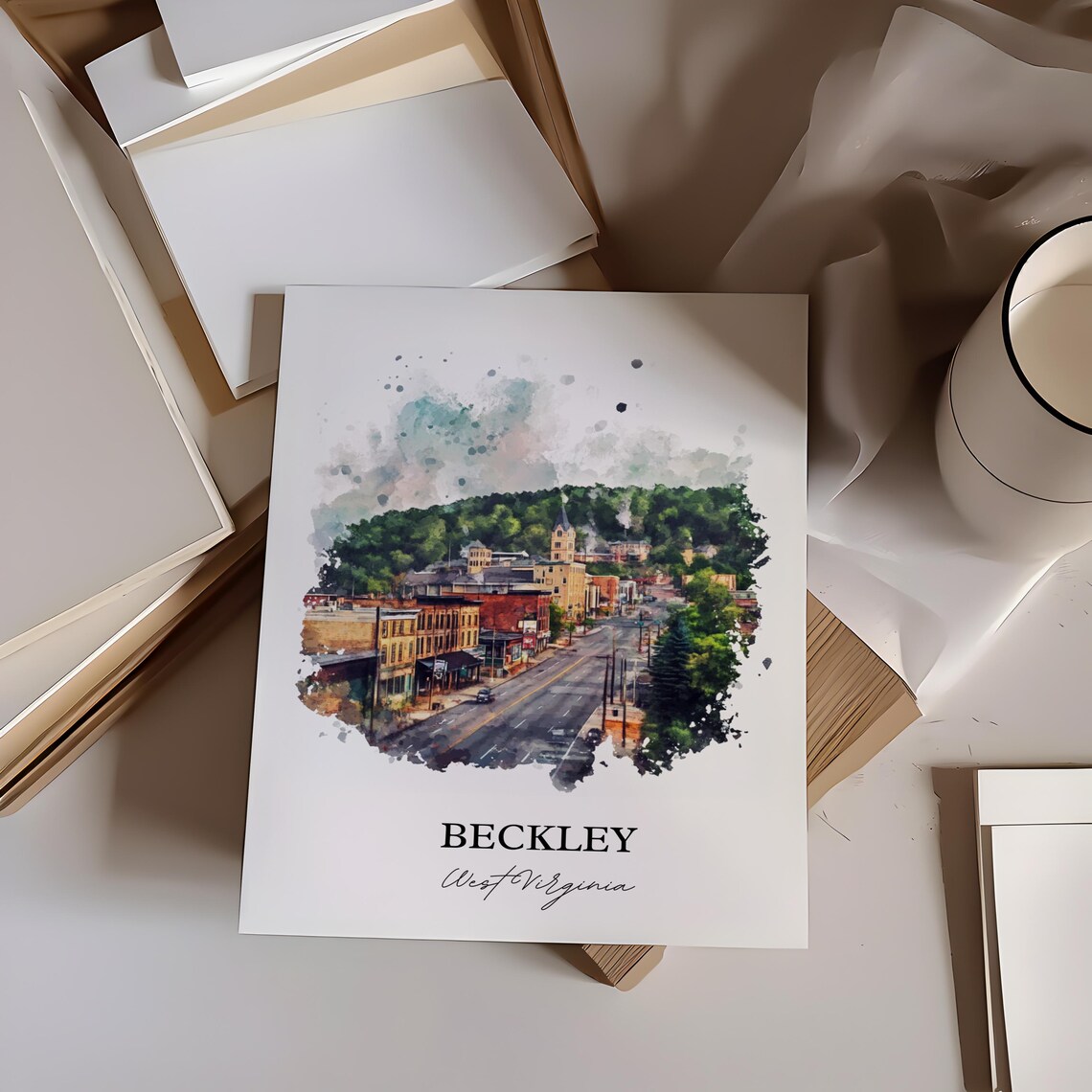 Beckley West Virginia Watercolor Downtown Street Church Steeple Poster - Image 3