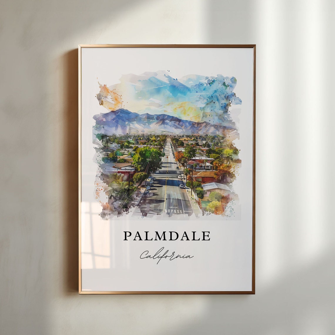 Palmdale California Mountain View Aerial Street Watercolor Poster
