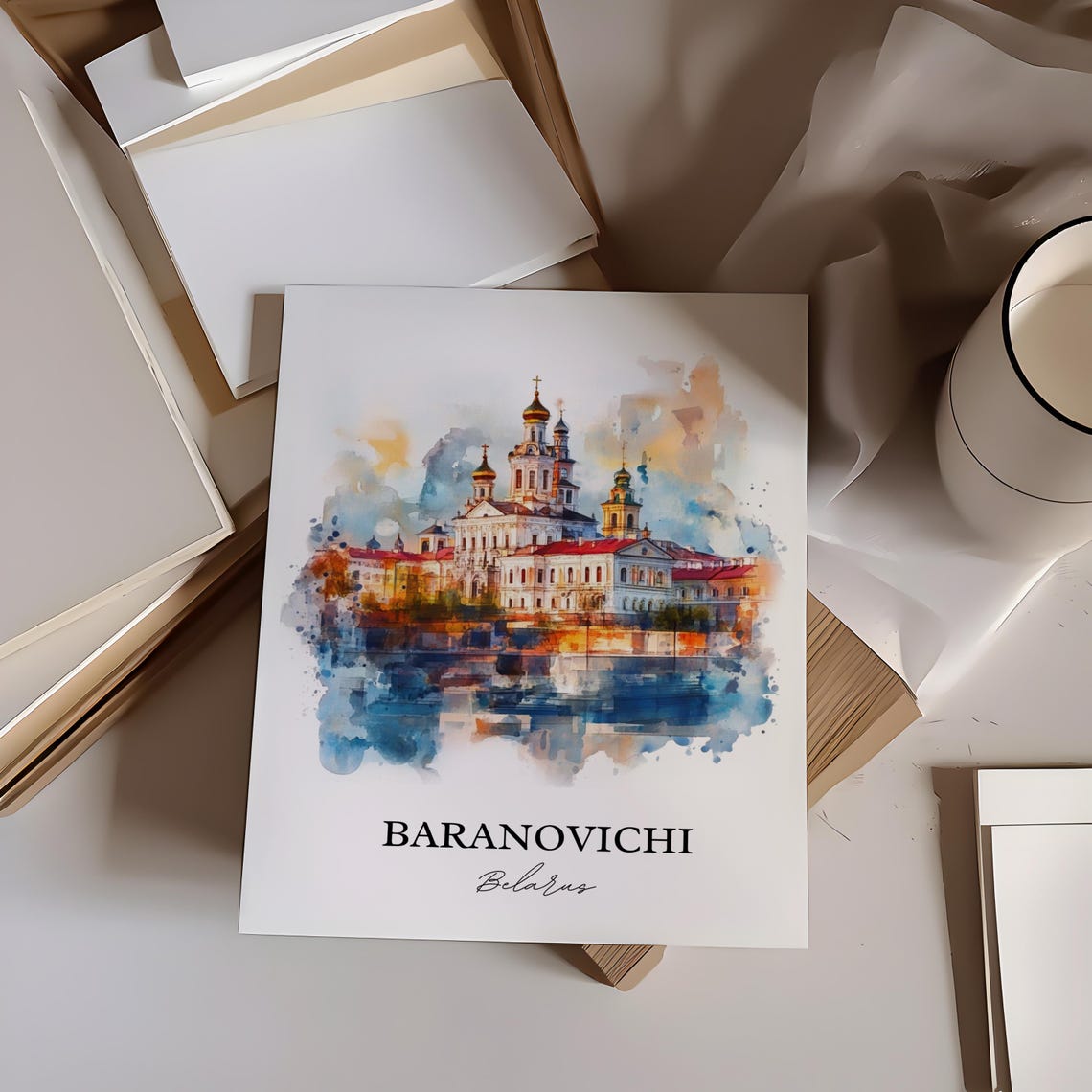 Baranovichi Belarus Golden Domed Church Riverside Watercolor Poster - Image 2