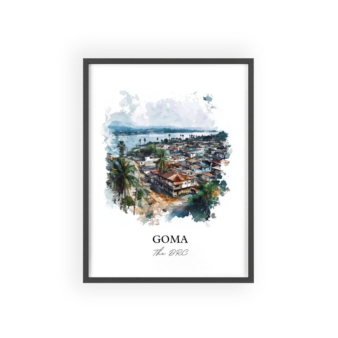 Goma Congo Watercolor Cityscape Lakeside Town Gift Art Poster - Image 2