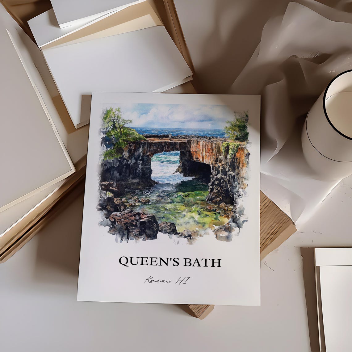 Queens Bath Kauai Hawaii Lava Rock Tide Pool Watercolor Poster - Image 4