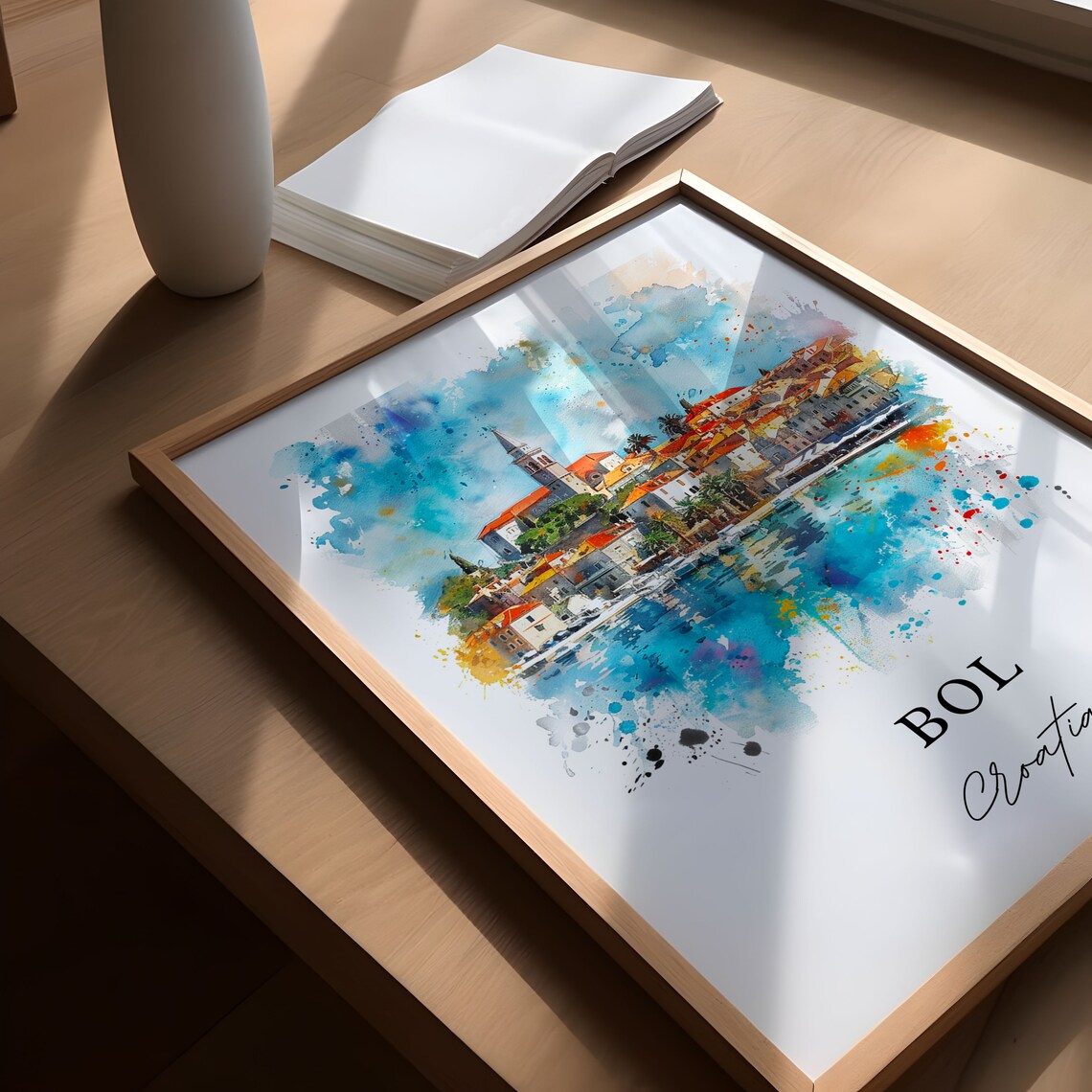 Bol Croatia Coastal Marina Bell Tower Watercolor Island Poster - Image 5