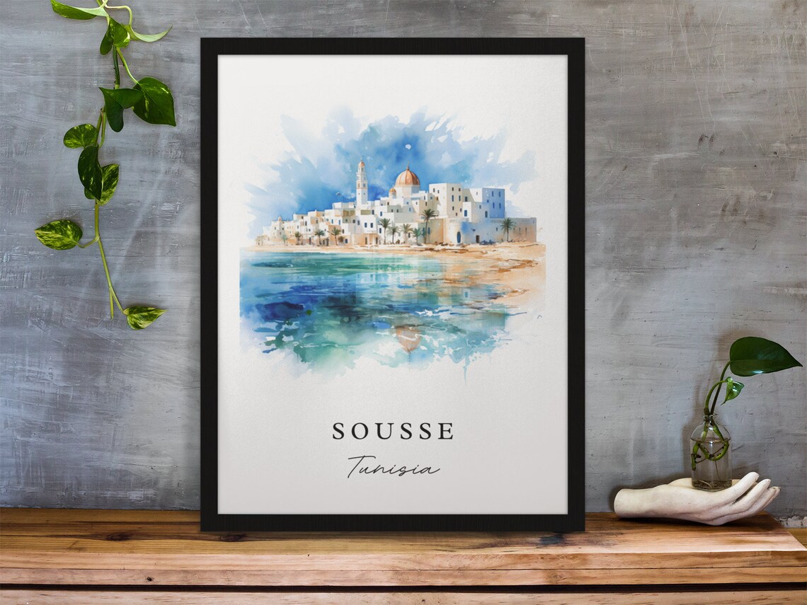Sousse Tunisia Watercolor White Medina Coastal Town Travel Poster - Image 3