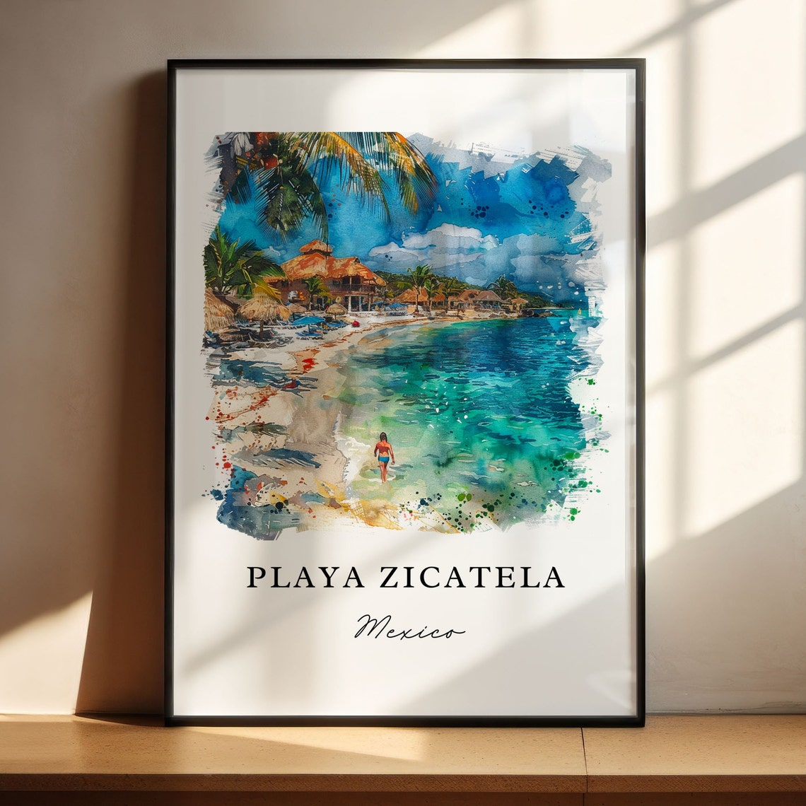 Playa Zicatela Mexico Watercolor Surf Beach Palapas Turquoise Poster - Image 6