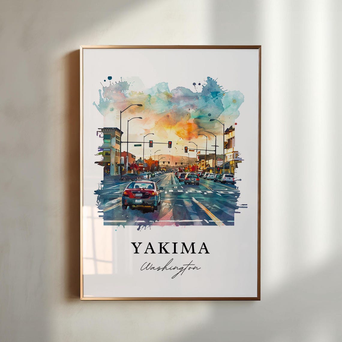 Yakima Washington Watercolor Downtown Street Sunset Skyline Poster