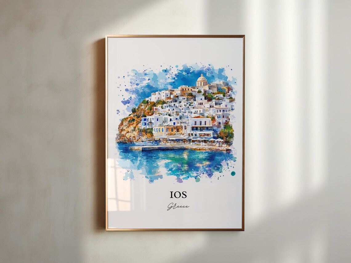 Ios Greece White Village Blue Harbor Watercolor Travel Poster - Image 4