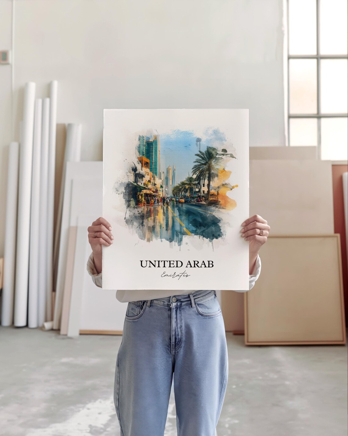 United Arab Emirates Watercolor Art Palm Avenue Skyline Poster - Image 5