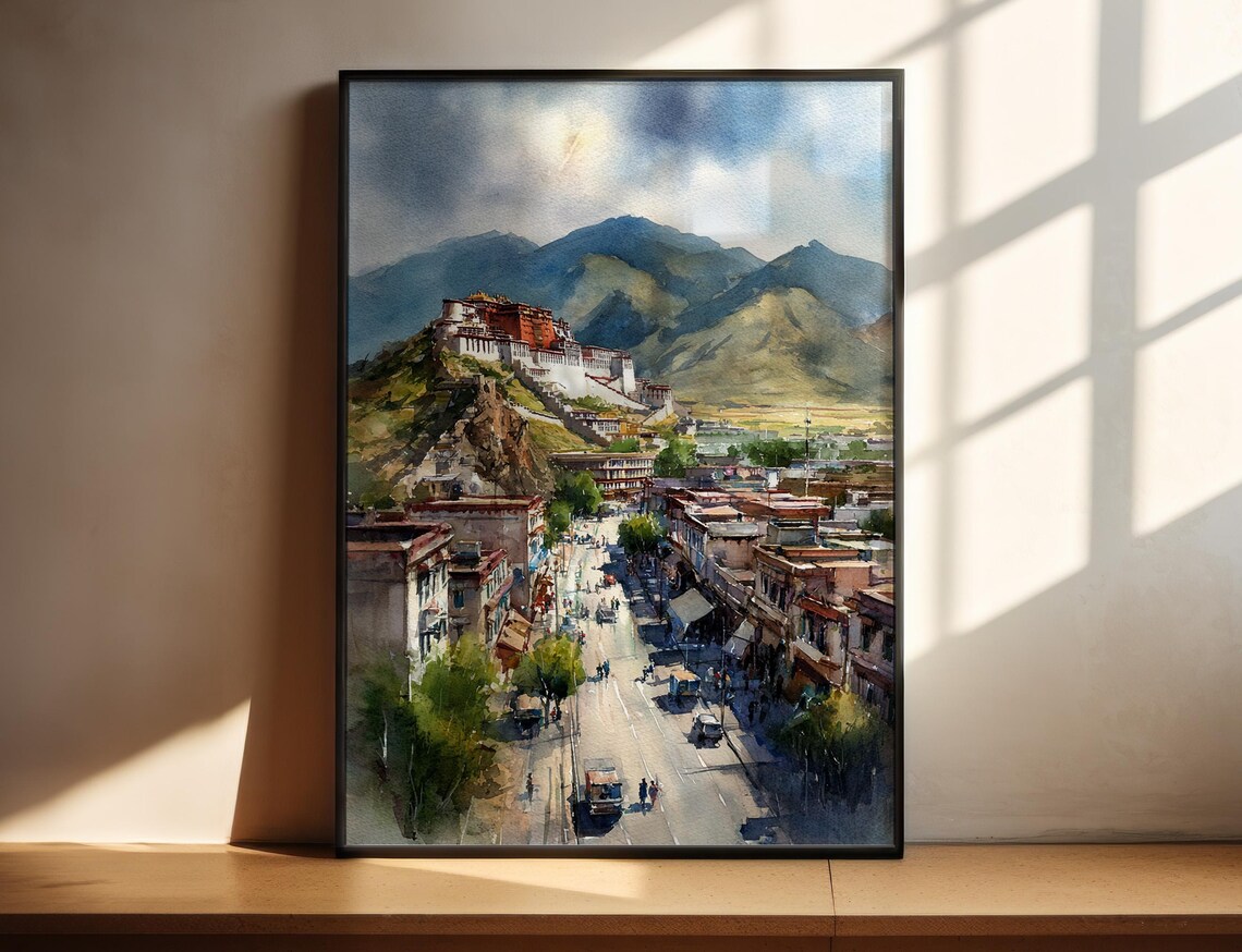 Lhasa Tibet Potala Palace Mountain City Watercolor Travel Poster Art
