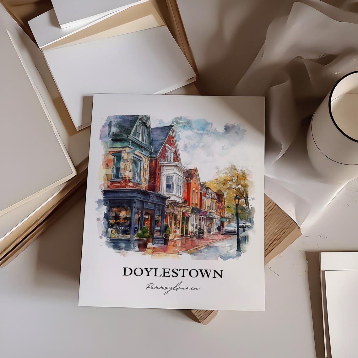 Doylestown Pennsylvania Historic Main Street Shops Watercolor Poster - Image 4