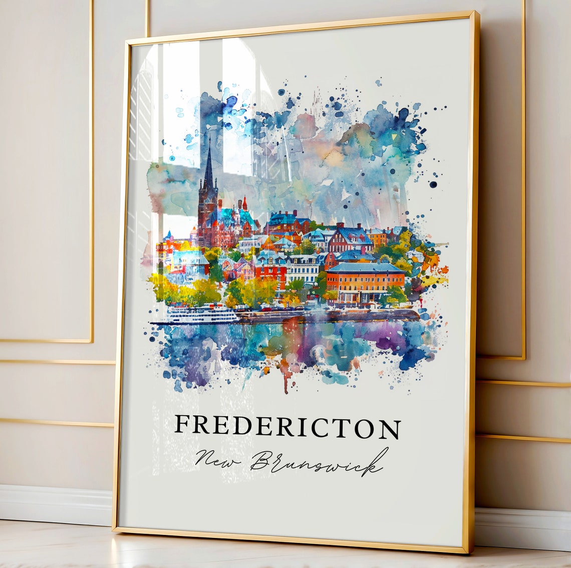 Fredericton New Brunswick Watercolor City Spire Waterfront Poster - Image 3