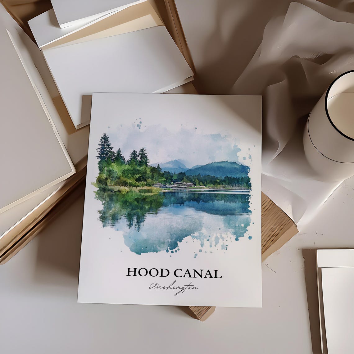 Hood Canal Washington Watercolor Calm Water Pine Scene Poster - Image 6