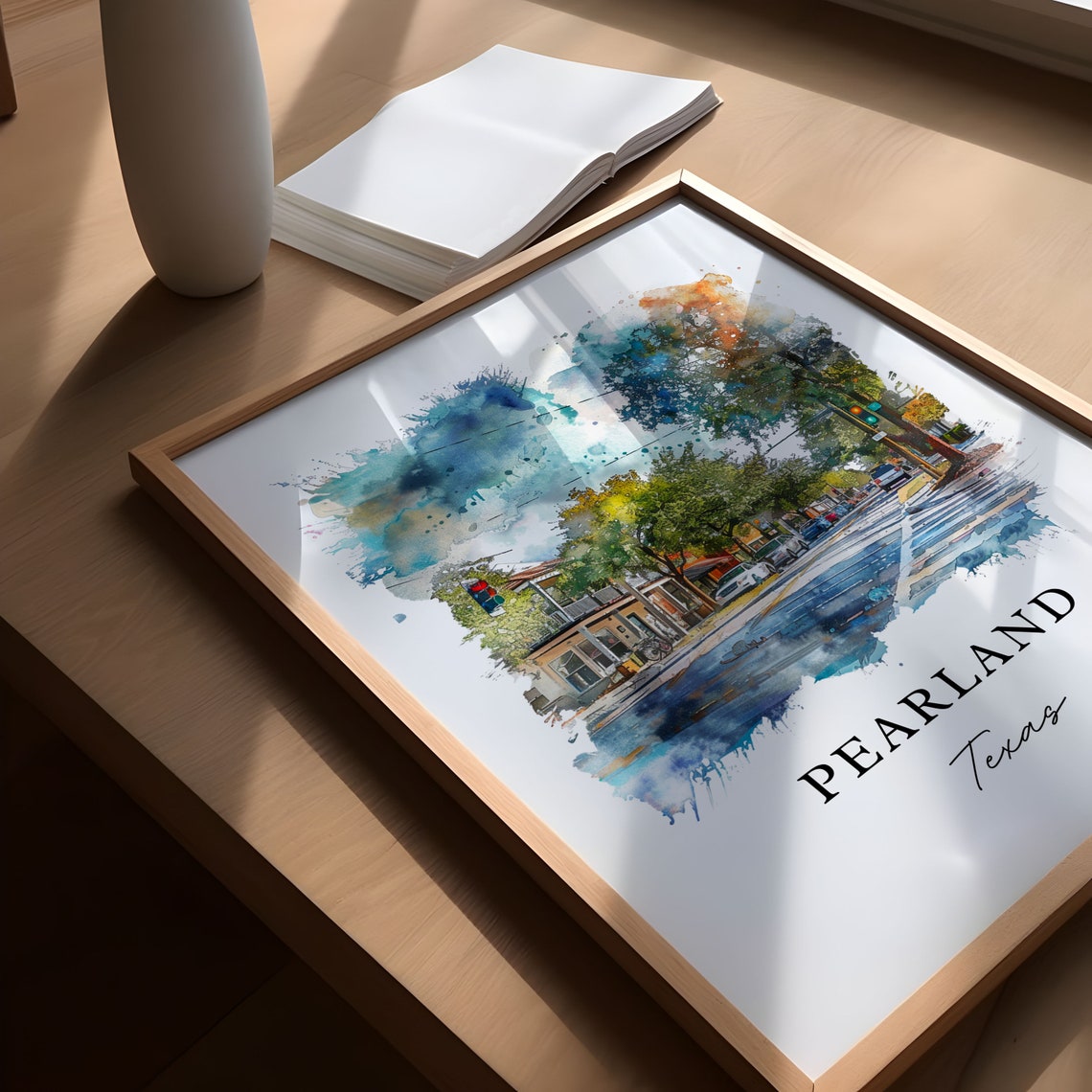 Pearland Texas Watercolor Street Scene Shops Traffic Light Poster - Image 5
