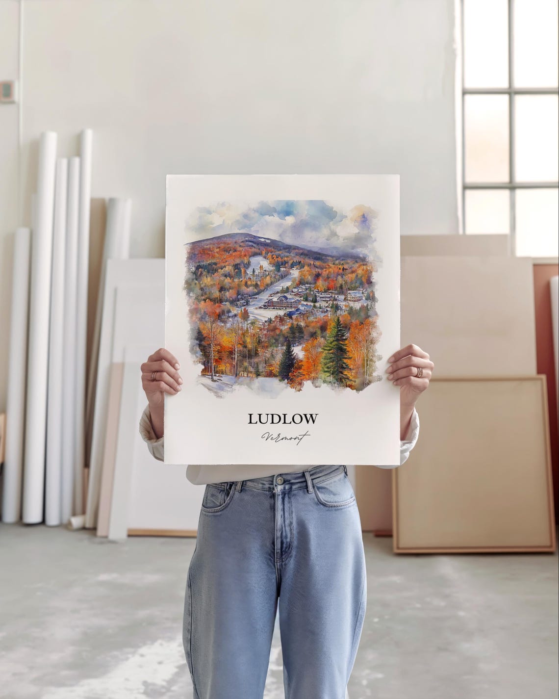 Ludlow Vermont Okemo Mountain Fall Foliage Watercolor Ski Poster - Image 2
