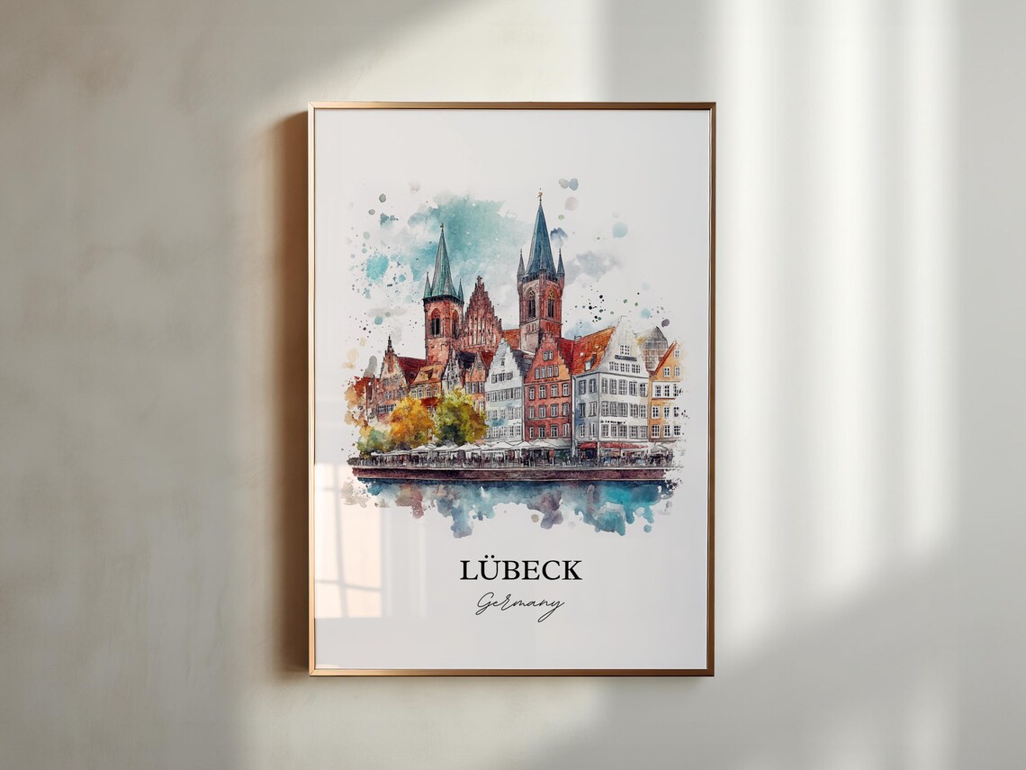 Lubeck Germany Harbor Church Spires Watercolor Travel Poster - Image 5